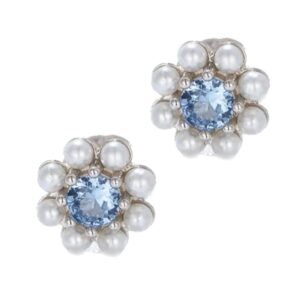 Aretes de Plata 925 Azul Zirconias y Perlas Blancos Flor