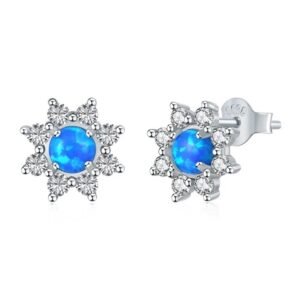 Aretes de Plata 925 Azul Zirconias y Ópalo Flor Unitalla
