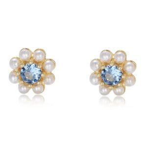 Aretes de Plata 925 Oro 18k Zirconias y Perlas Blancos Flor