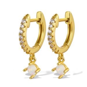 Aretes de Plata 925 Oro 18k Blanco Zirconias y Ópalo Aro