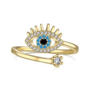 Anillo de Plata 925 Oro 18k Zirconias Ojo Ajustable Azul