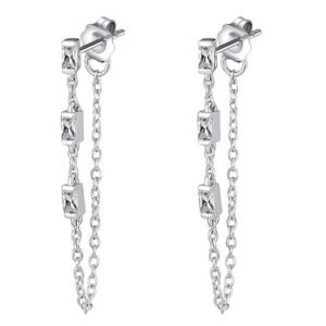 Aretes de Plata 925 Largos Zirconias Transparentes Cadena