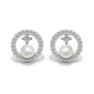 Aretes de Plata 925 Zirconias y Perlas Blancas Círculos