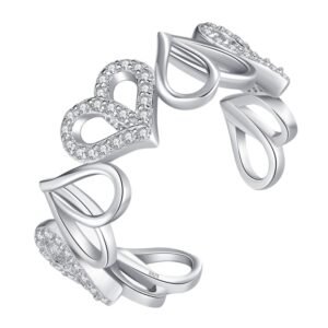 Anillo de Plata 925 Zirconias y Corazones Ajustable Mujer