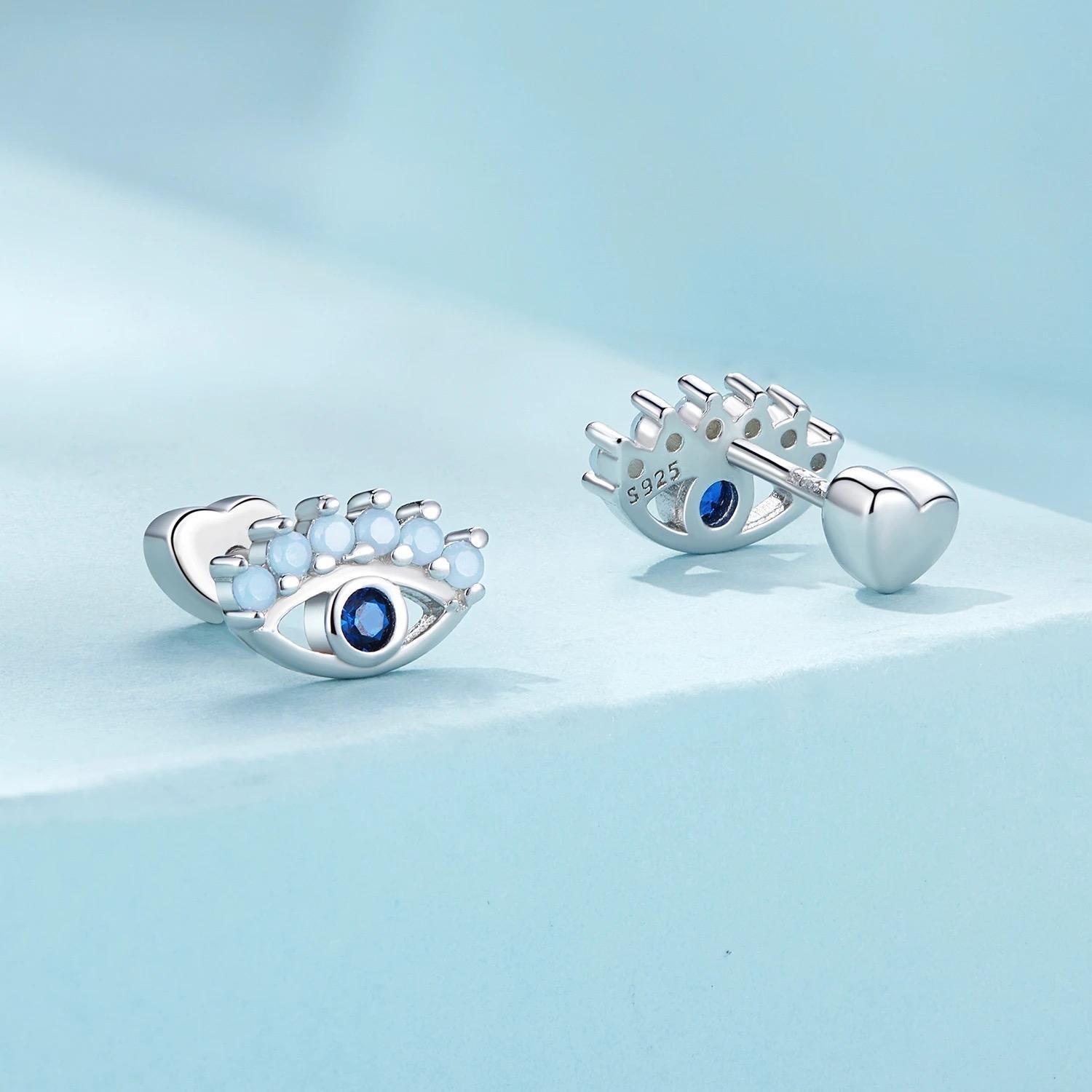 Aretes De Plata 925 Ojos con Zirconias Azules Broquel - Image 3