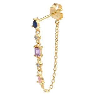 Arete Piercing Cadena Plata 925 Oro 18k Zirconias Multicolor