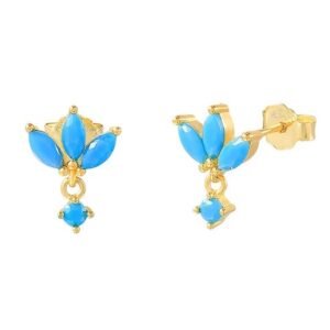 Aretes De Plata 925 Oro 18k Flores Azules Turquesas Mujer