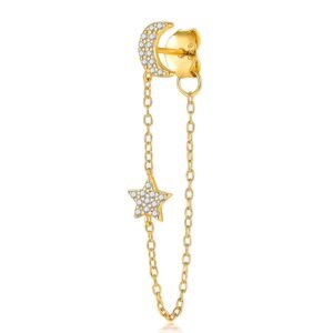 Arete de Plata 925 Oro 18k Zirconias Luna Estrella Cadena
