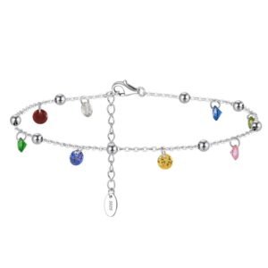 Tobillera de Plata 925 Zirconias Colores Círculos Colgantes
