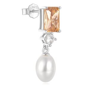 Arete de Plata 925 Zirconias Naranjas y Perlas Colgantes