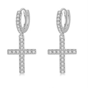 Aretes de Plata 925 Zirconias Transparentes Cruz Piercing